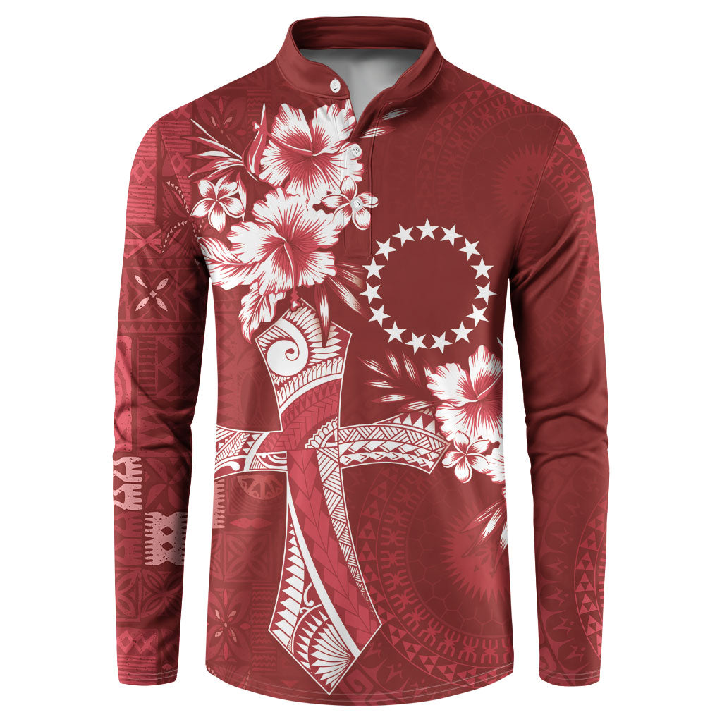 Kia Orana Cook Islands Tapa Floral With Cross Button Sweatshirt Crimson Red LT7 Crimson Red - Polynesian Pride