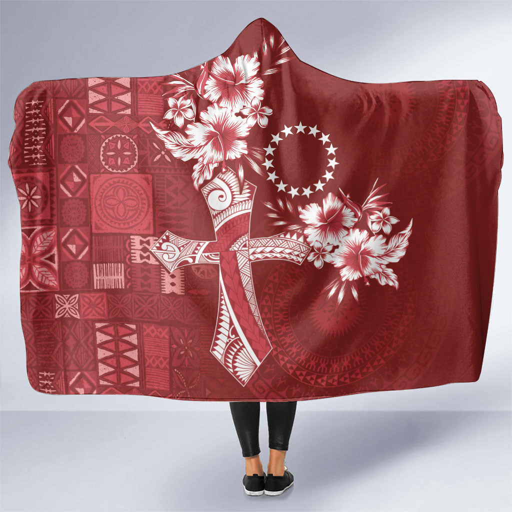 Kia Orana Cook Islands Tapa Floral With Cross Hooded Blanket Crimson Red