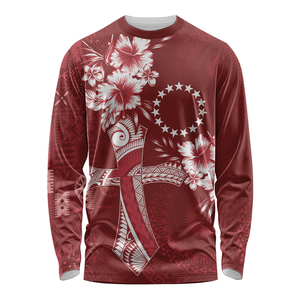 Kia Orana Cook Islands Tapa Floral With Cross Long Sleeve Shirt Crimson Red LT7 Unisex Crimson Red - Polynesian Pride