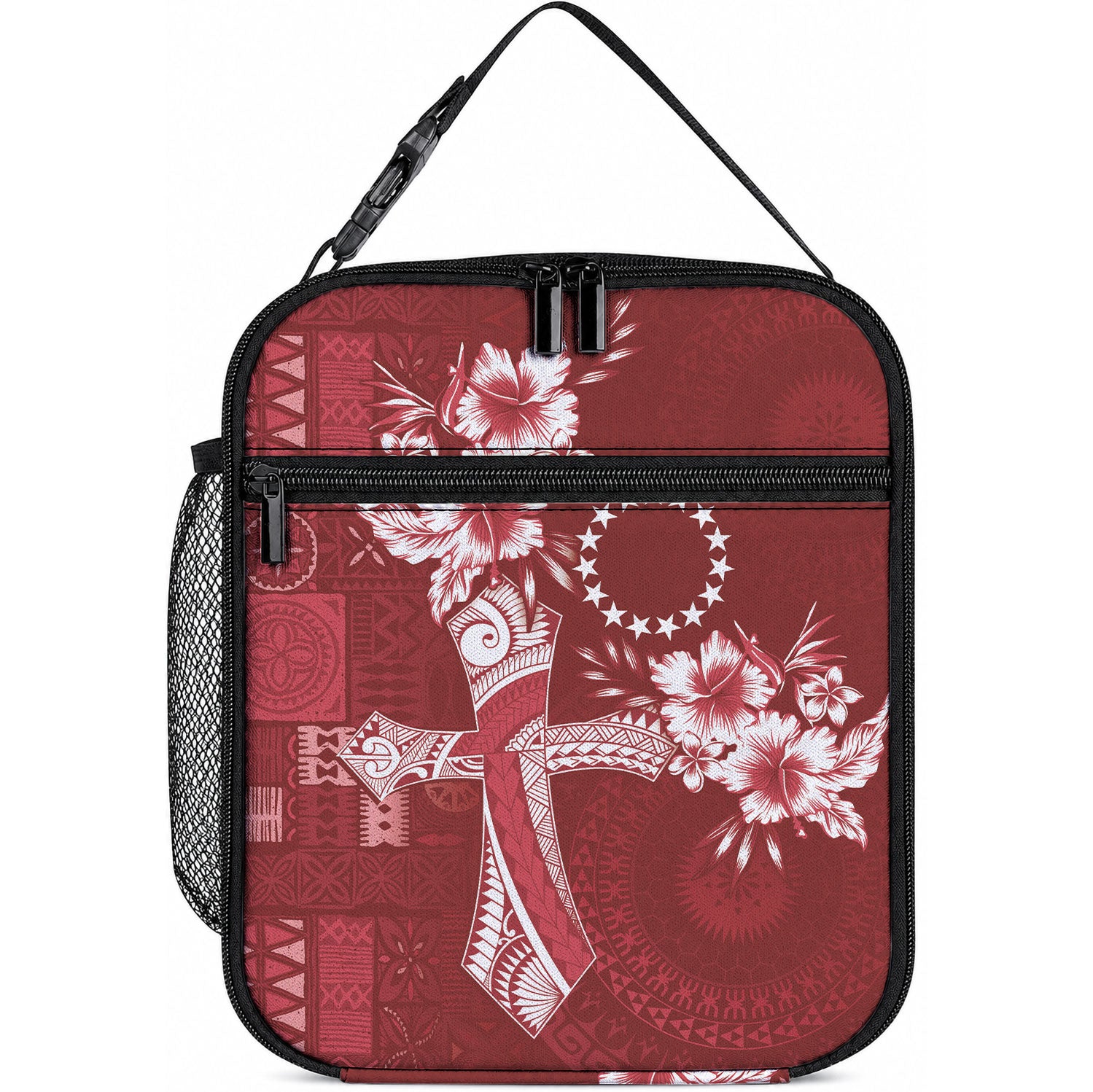 Kia Orana Cook Islands Tapa Floral With Cross Lunch Bag Crimson Red LT7 10.2 × 8.3 × 4.3 inch Crimson Red - Polynesian Pride