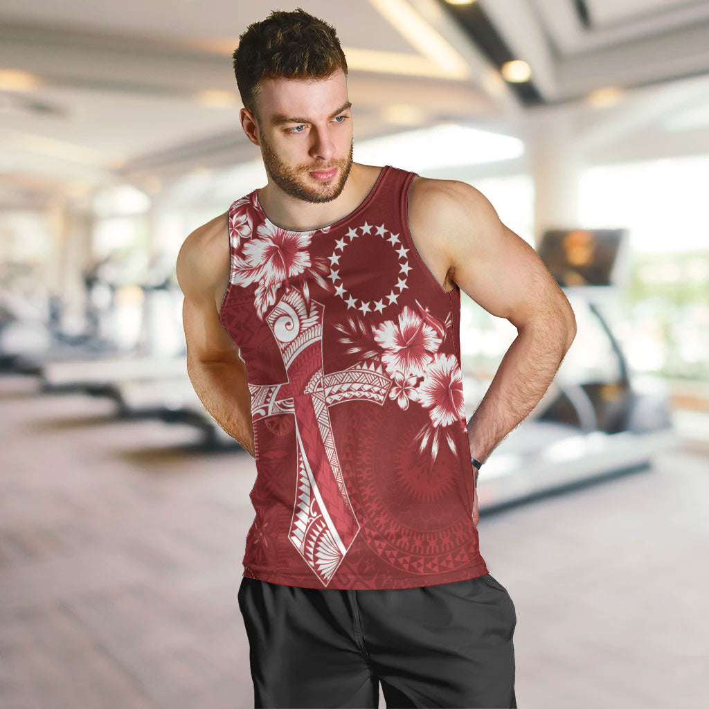 Kia Orana Cook Islands Tapa Floral With Cross Men Tank Top Crimson Red
