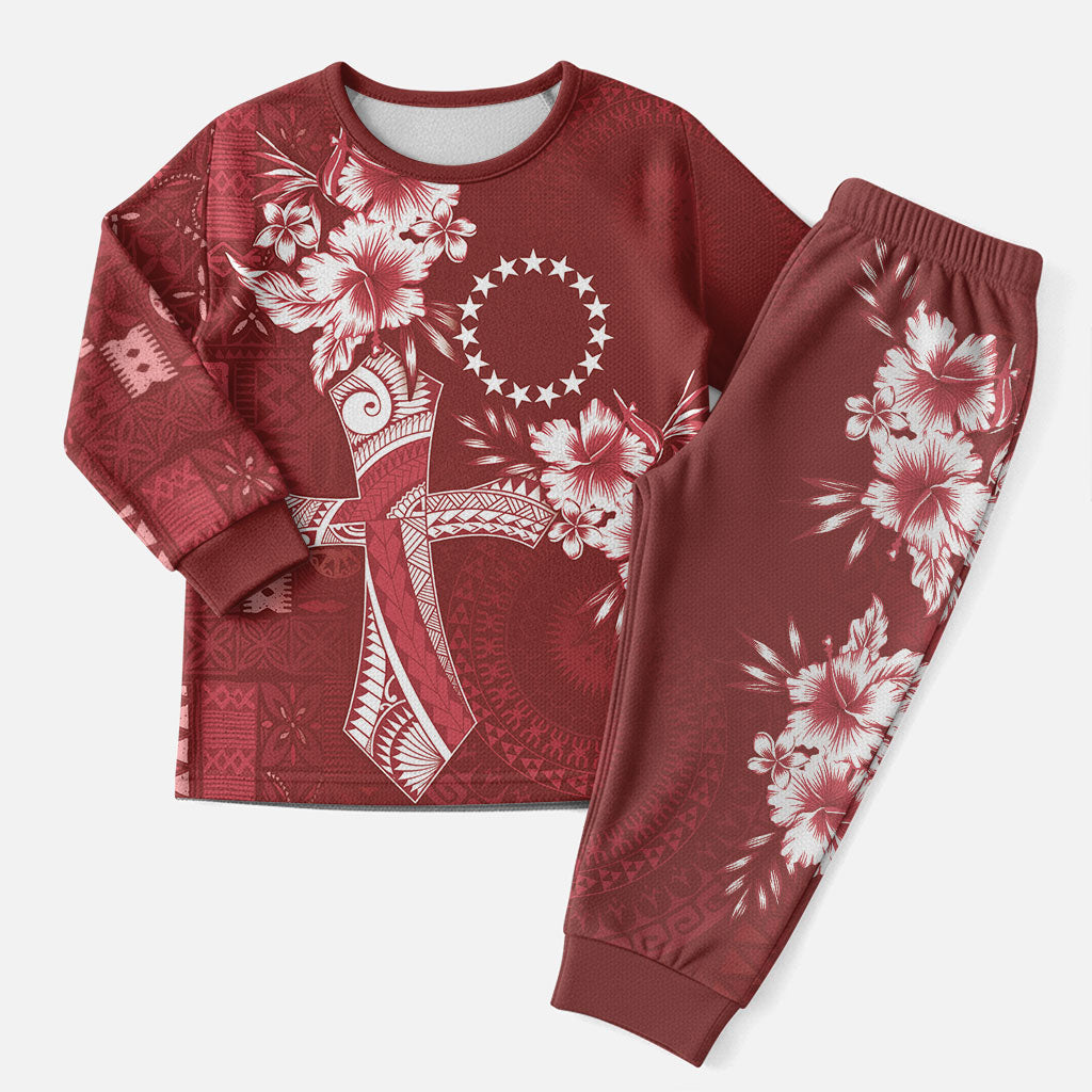 Kia Orana Cook Islands Tapa Floral With Cross Christmas Pajama Set Crimson Red LT7 Men Crimson Red - Polynesian Pride