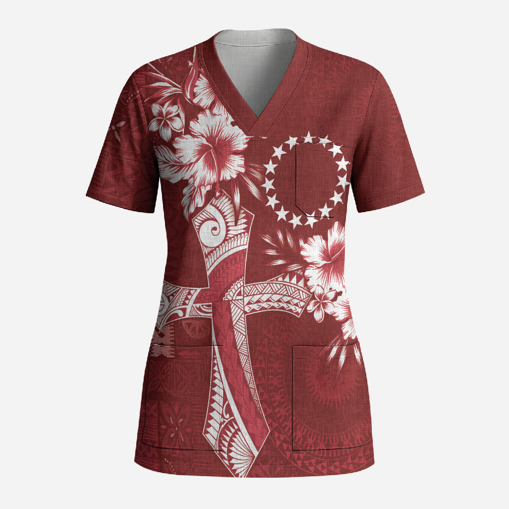 Kia Orana Cook Islands Tapa Floral With Cross Scrub Top Crimson Red LT7 Adult Crimson Red - Polynesian Pride