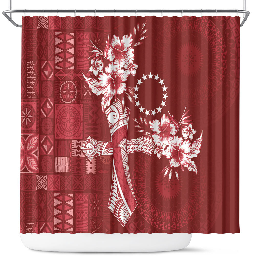 Kia Orana Cook Islands Tapa Floral With Cross Shower Curtain Crimson Red
