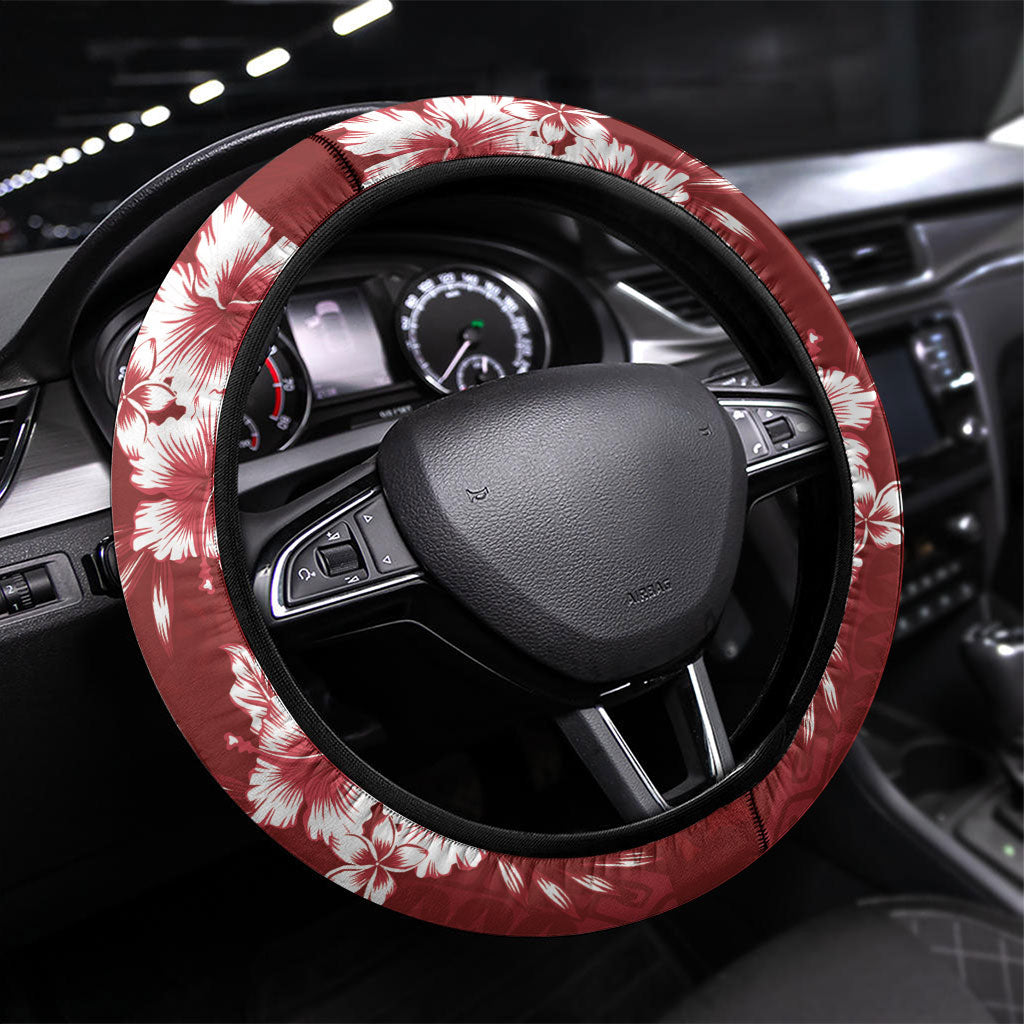 Kia Orana Cook Islands Tapa Floral With Cross Steering Wheel Cover Crimson Red