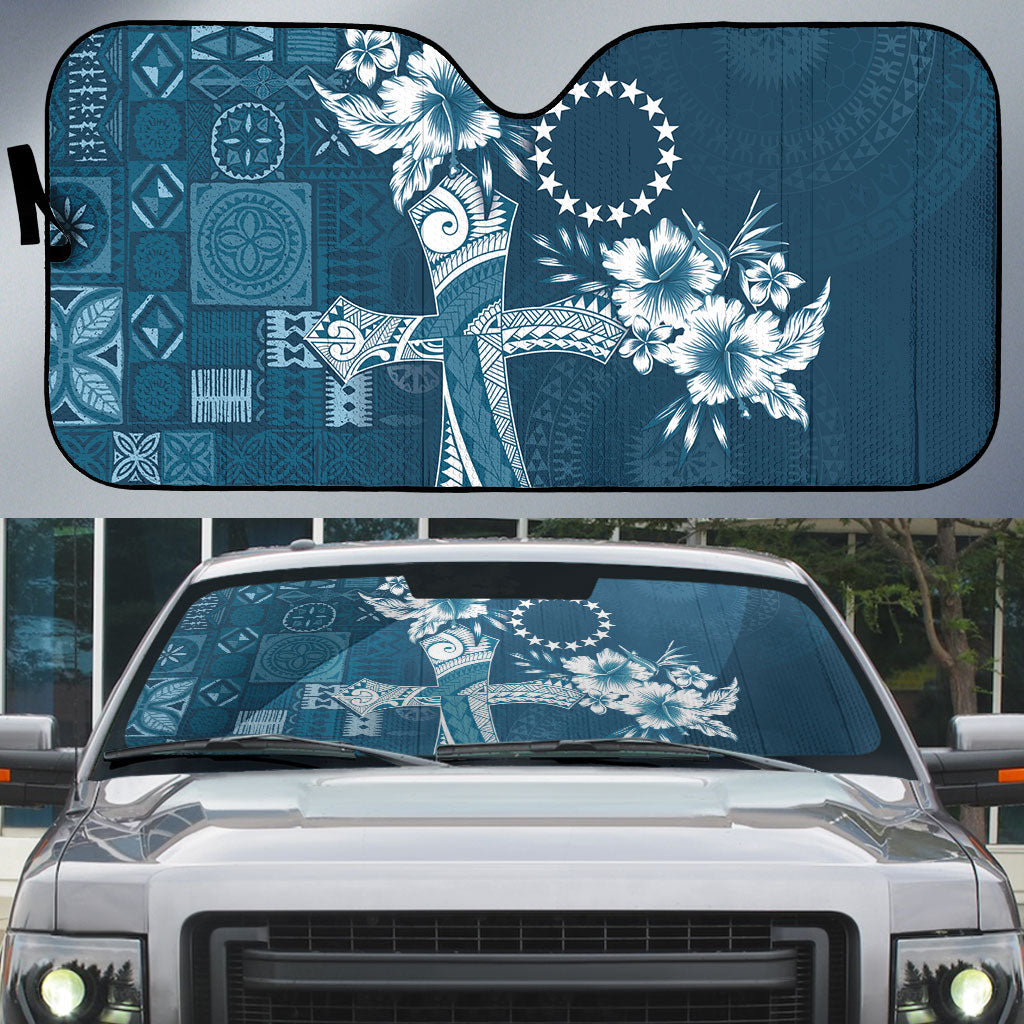 Kia Orana Cook Islands Tapa Floral With Cross Auto Sun Shade Navy Blue LT7 Navy Blue - Polynesian Pride