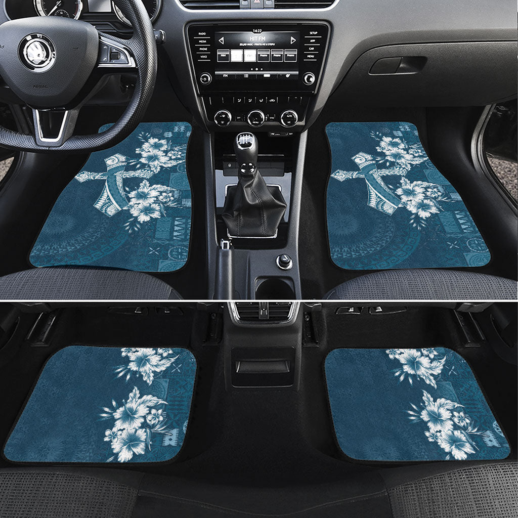 Kia Orana Cook Islands Tapa Floral With Cross Car Mats Navy Blue