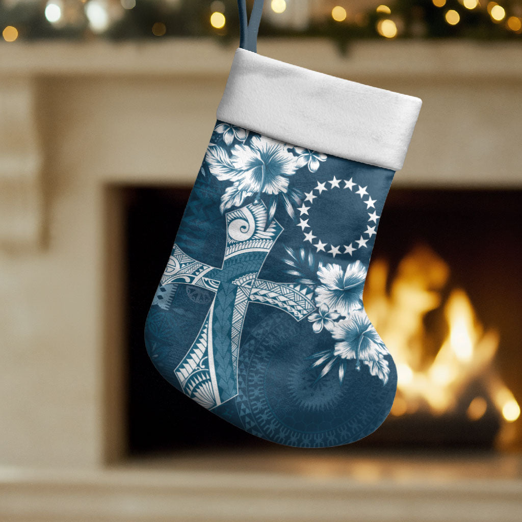 Kia Orana Cook Islands Tapa Floral With Cross Christmas Stocking Navy Blue