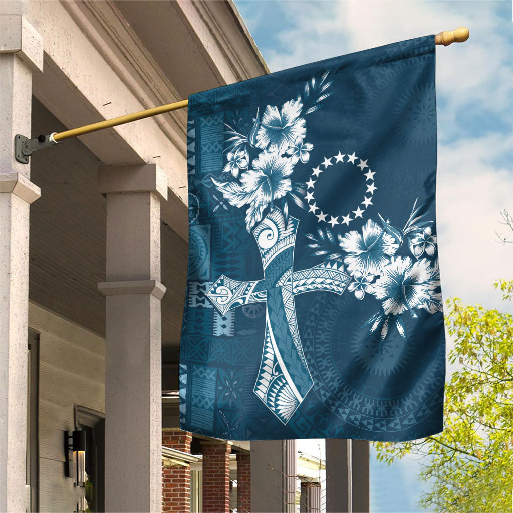 Kia Orana Cook Islands Tapa Floral With Cross Garden Flag Navy Blue