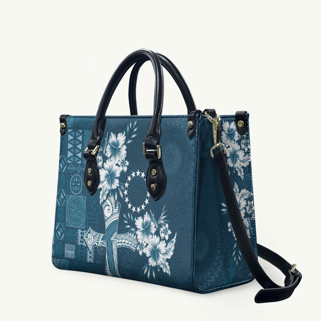 Kia Orana Cook Islands Tapa Floral With Cross Leather Bag Navy Blue