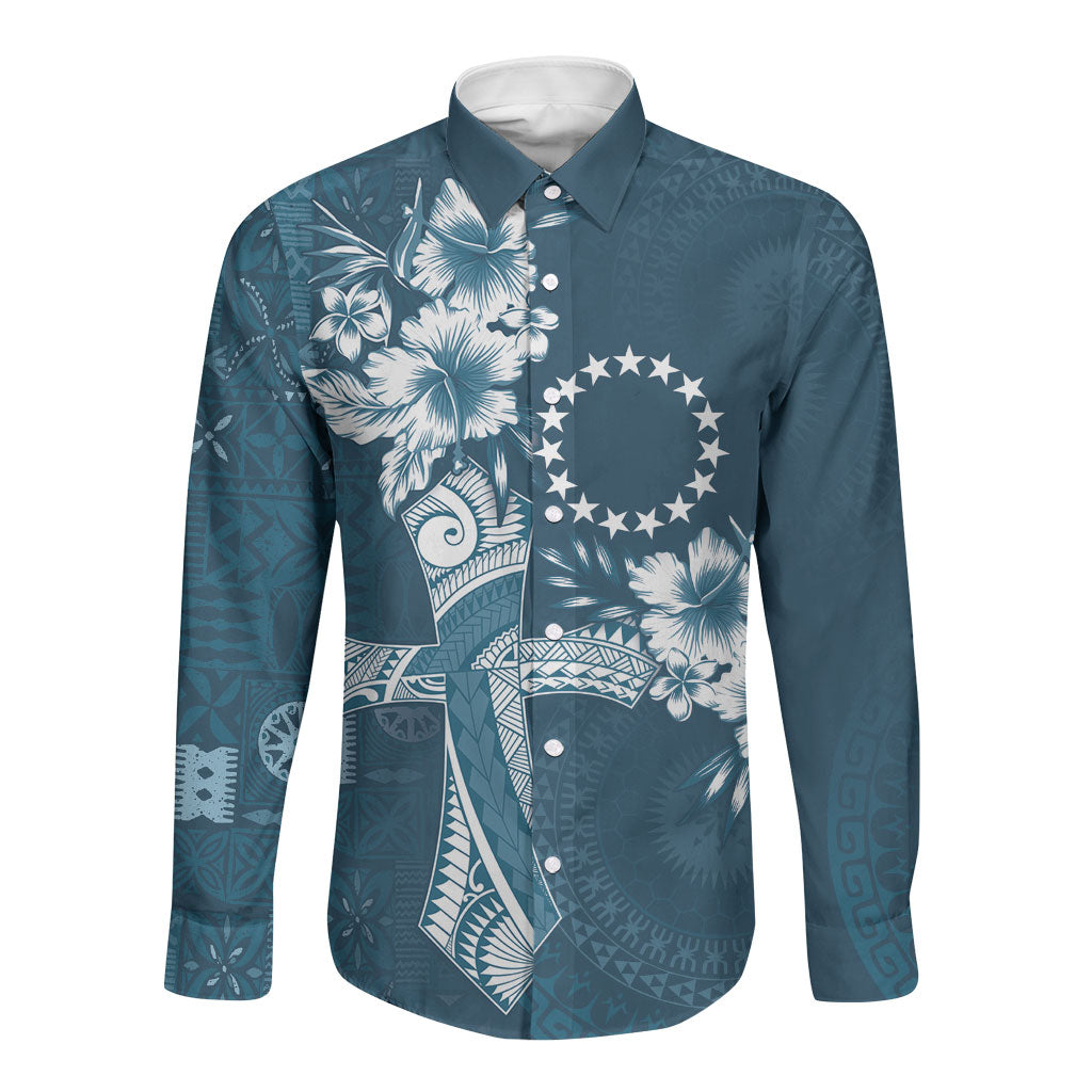 Kia Orana Cook Islands Tapa Floral With Cross Long Sleeve Button Shirt Navy Blue LT7 Unisex Navy Blue - Polynesian Pride