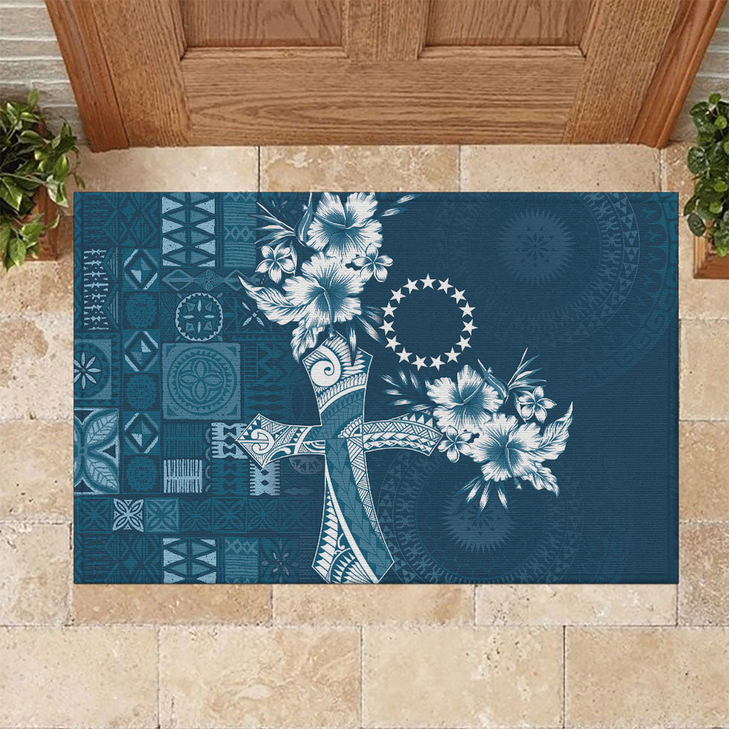 Kia Orana Cook Islands Tapa Floral With Cross Rubber Doormat Navy Blue