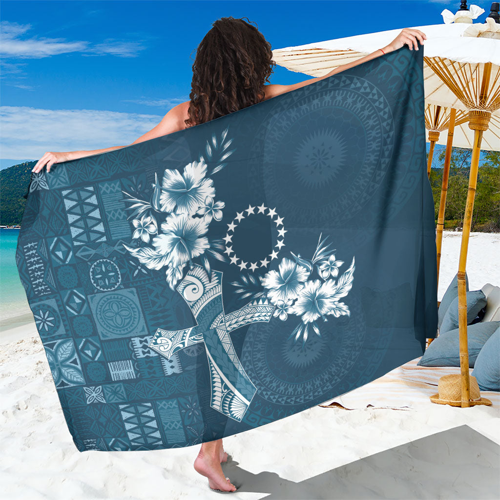Kia Orana Cook Islands Tapa Floral With Cross Sarong Navy Blue