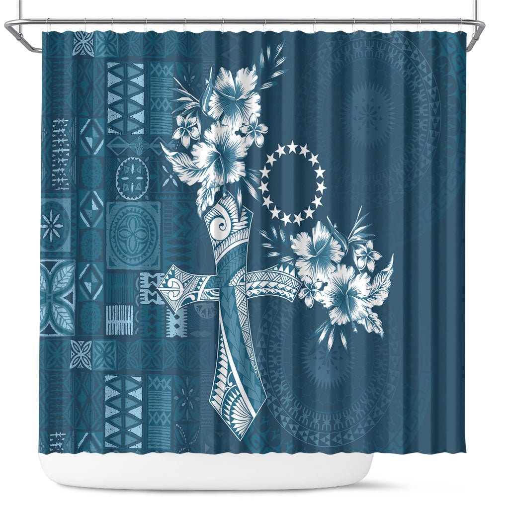 Kia Orana Cook Islands Tapa Floral With Cross Shower Curtain Navy Blue