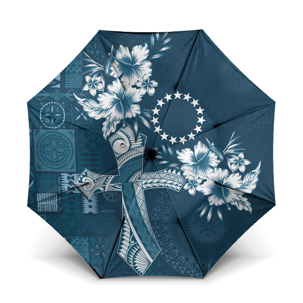 Kia Orana Cook Islands Tapa Floral With Cross Umbrella Navy Blue LT7 One Size Folded 11.42 inch Opened Diameter 37.4 inch Navy Blue - Polynesian Pride
