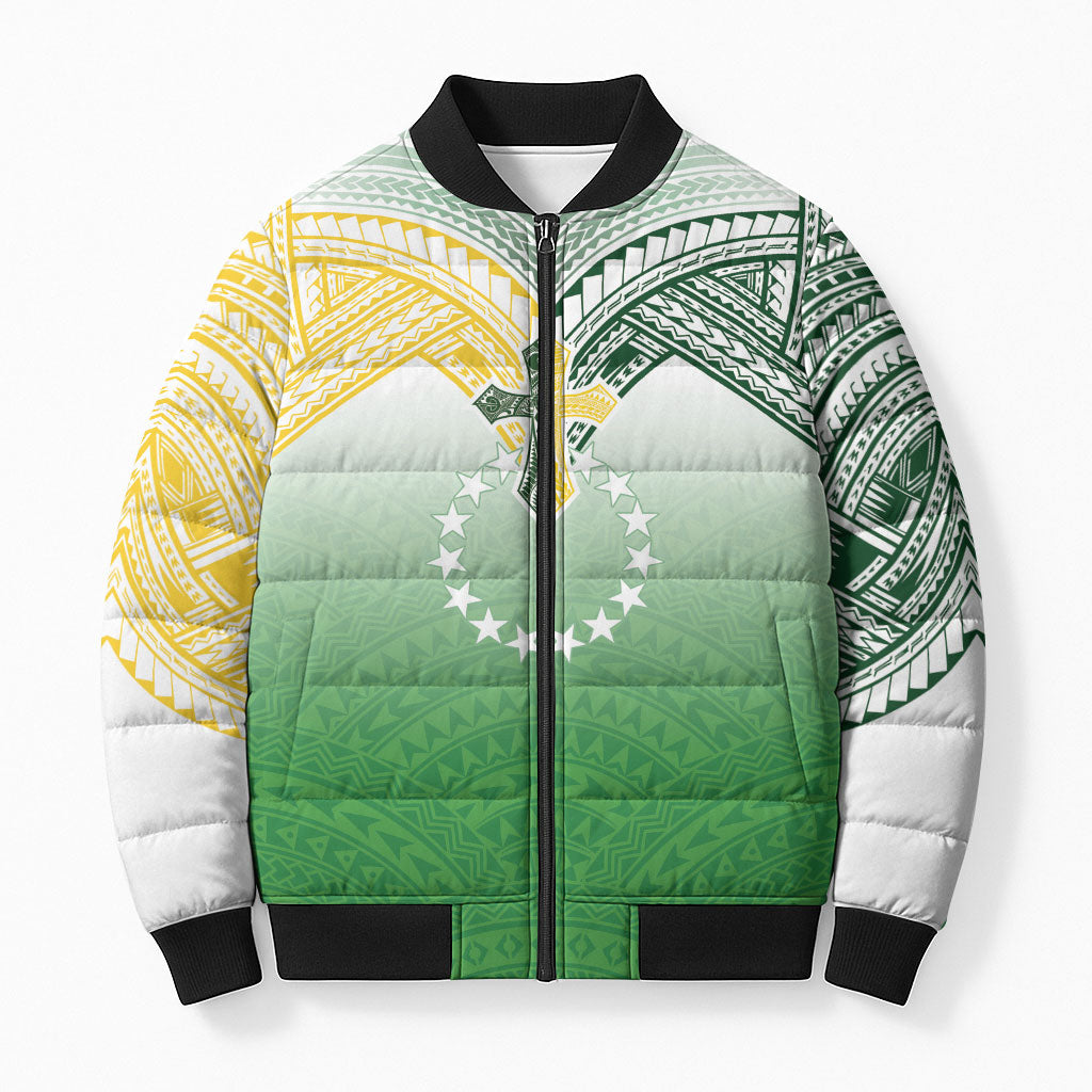 Cook Islands Rugby Medallion Of Stars Bomber Puffer Jacket Kuki Airani Avaiki LT7 Unisex White Green - Polynesian Pride