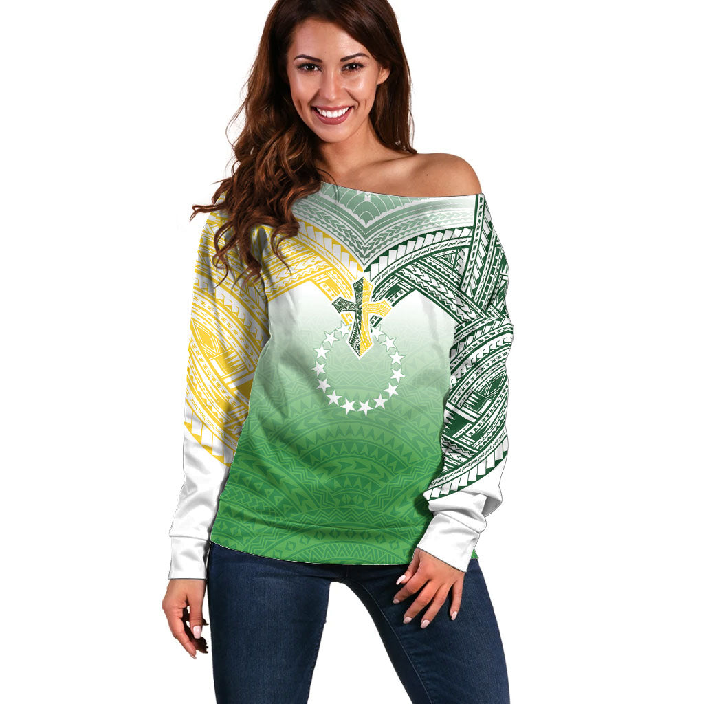 Cook Islands Rugby Medallion Of Stars Off Shoulder Sweater Kuki Airani Avaiki LT7 Women White Green - Polynesian Pride