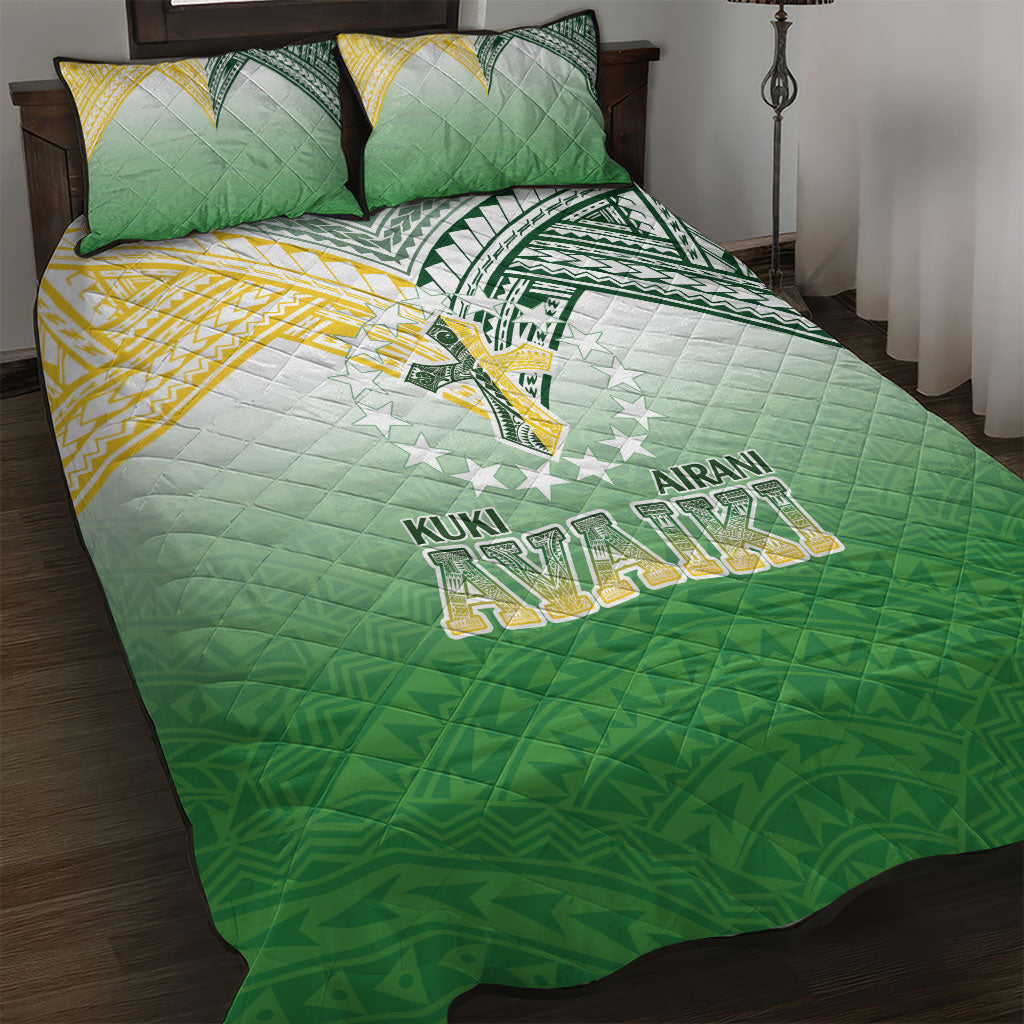 Cook Islands Rugby Medallion Of Stars Quilt Bed Set Kuki Airani Avaiki LT7 White Green - Polynesian Pride