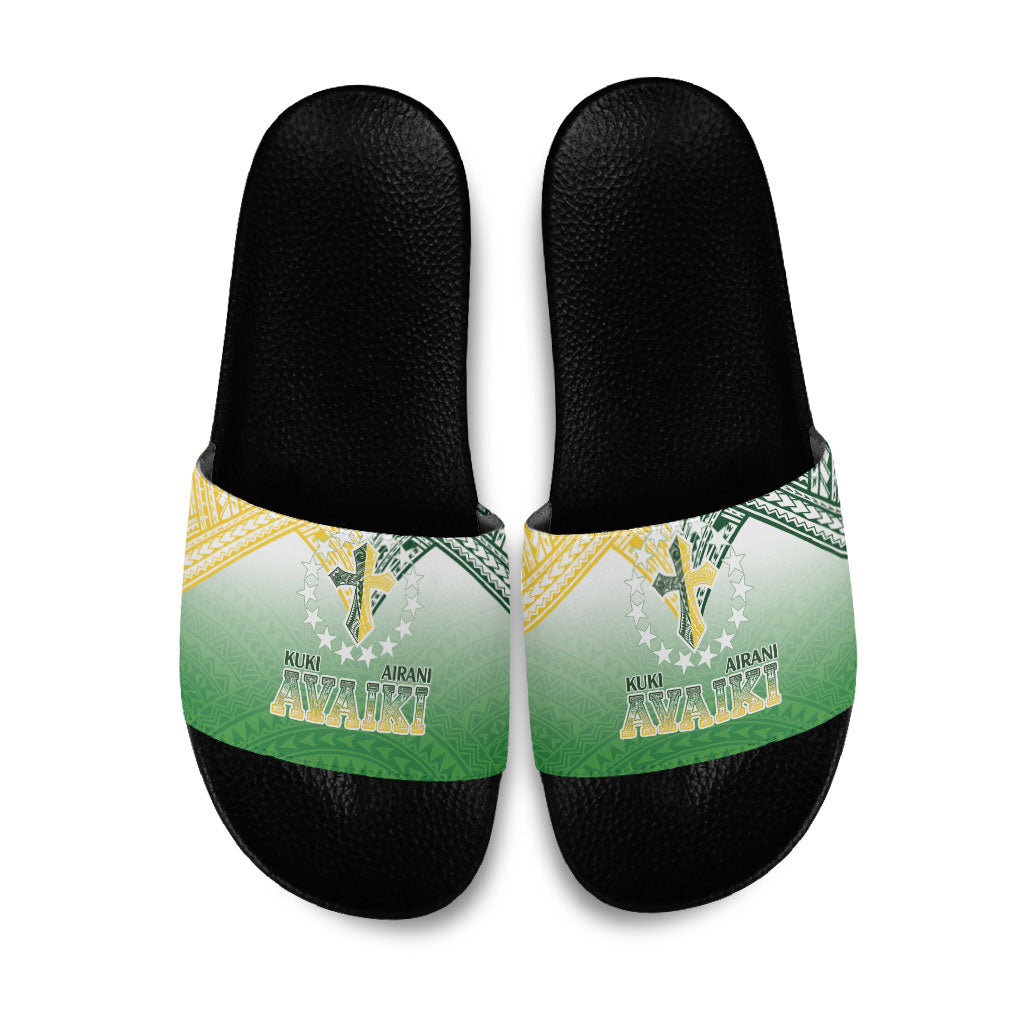 Cook Islands Rugby Medallion Of Stars Slide Sandals Kuki Airani Avaiki LT7 White Green - Polynesian Pride