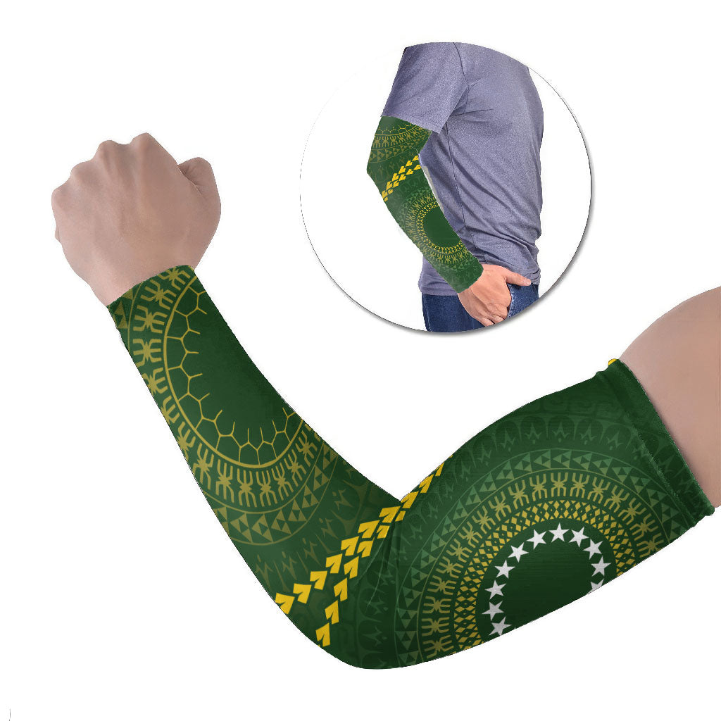 Cook Islands Rugby Arm Sleeves Kuki Tapa Motifs - Medallion Of Stars LT7 Set of 2 Dark Green - Polynesian Pride