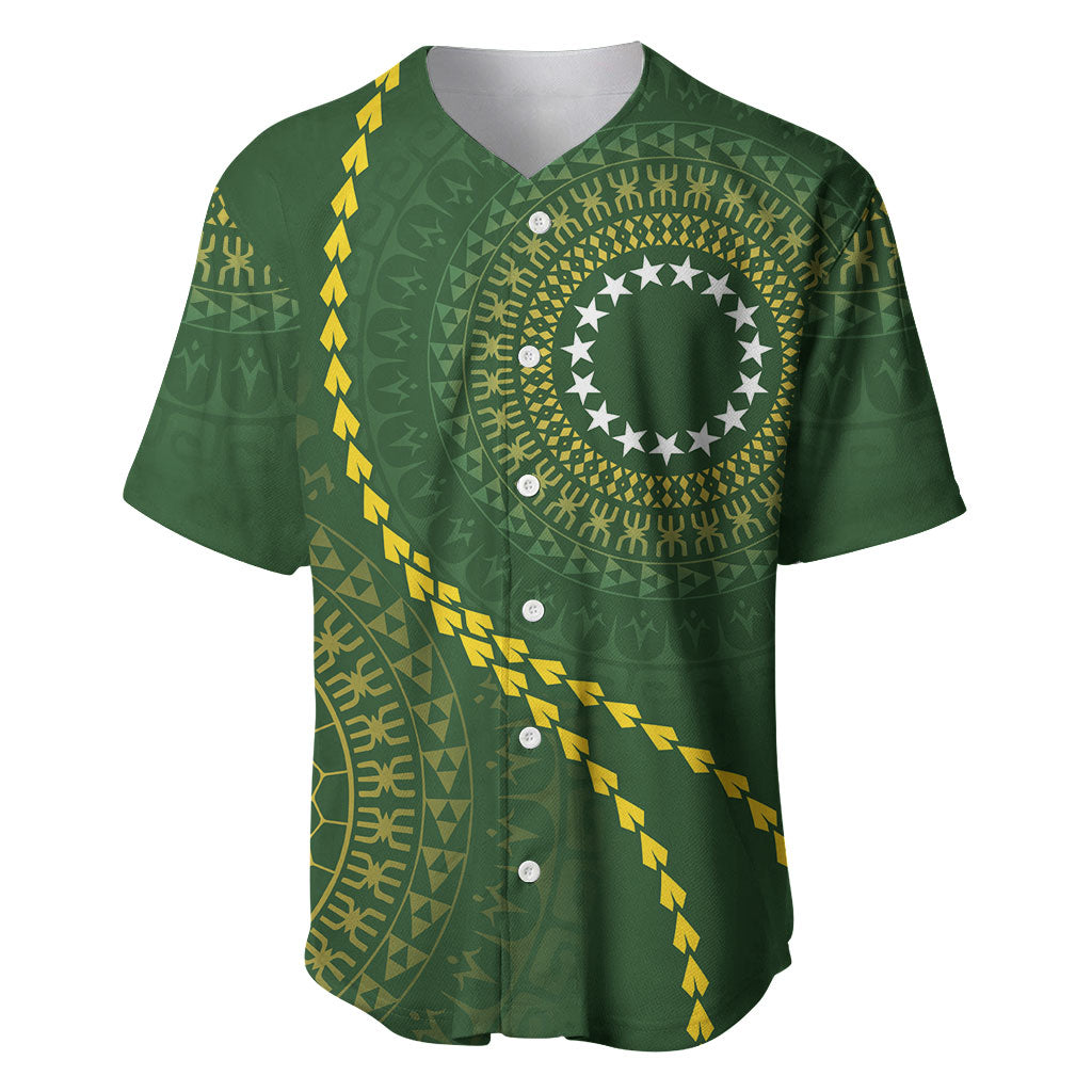 Cook Islands Rugby Custom Baseball Jersey Kuki Tapa Motifs - Medallion Of Stars LT7 Dark Green - Polynesian Pride