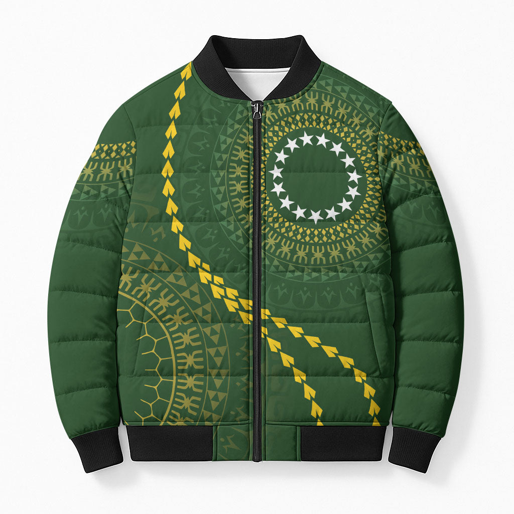 Cook Islands Rugby Custom Bomber Puffer Jacket Kuki Tapa Motifs - Medallion Of Stars LT7 Unisex Dark Green - Polynesian Pride