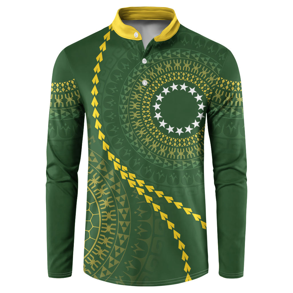 Cook Islands Rugby Custom Button Sweatshirt Kuki Tapa Motifs - Medallion Of Stars LT7 Dark Green - Polynesian Pride