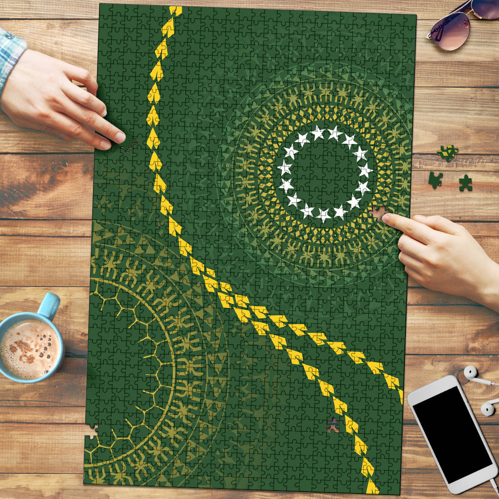 Cook Islands Rugby Puzzle Kuki Tapa Motifs - Medallion Of Stars LT7 Dark Green - Polynesian Pride