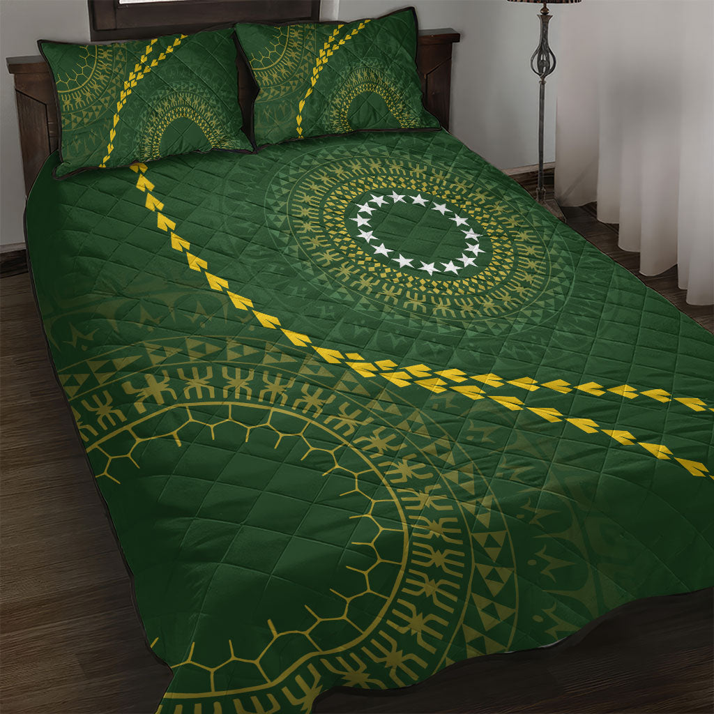 Cook Islands Rugby Quilt Bed Set Kuki Tapa Motifs - Medallion Of Stars LT7 Dark Green - Polynesian Pride