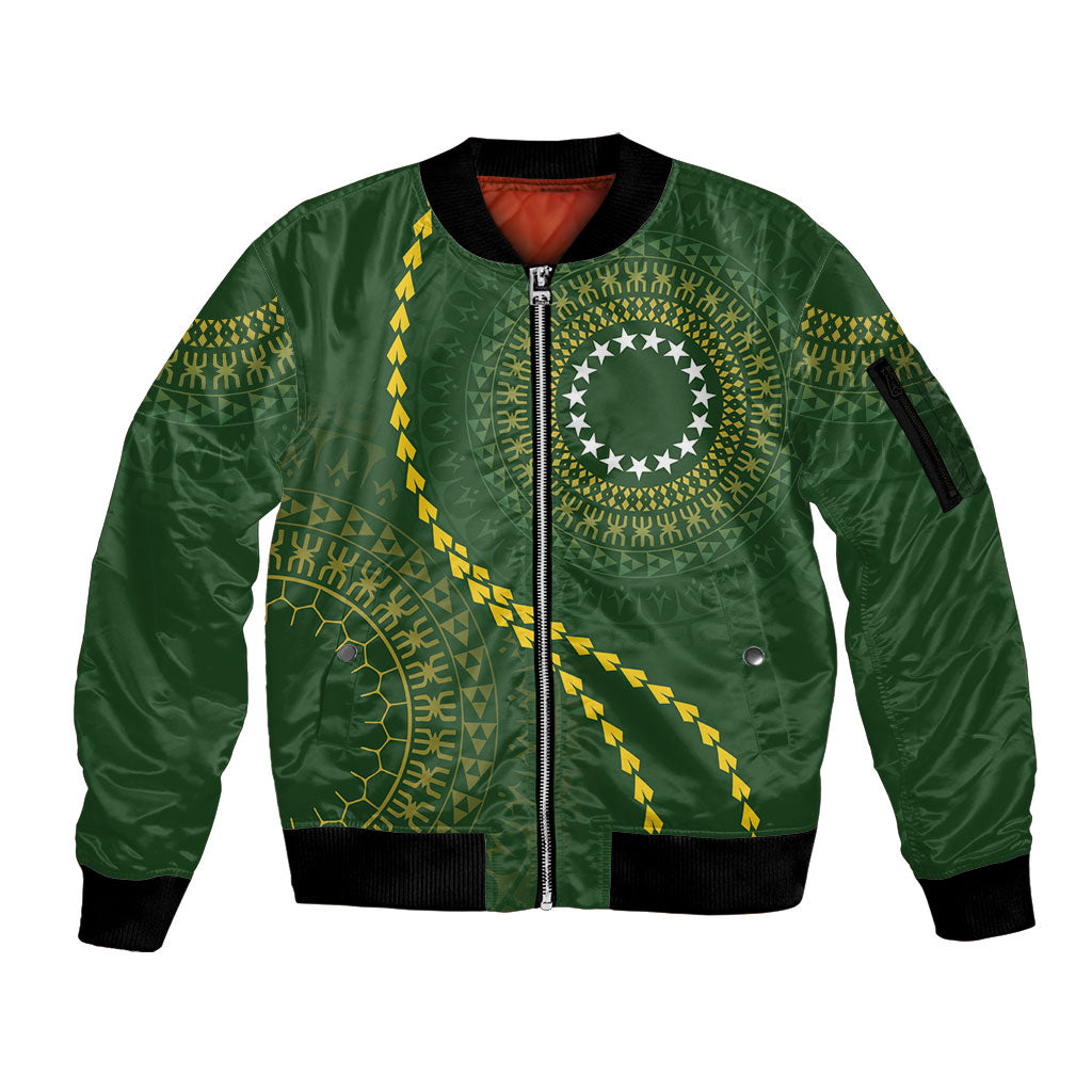 Cook Islands Rugby Custom Sleeve Zip Bomber Jacket Kuki Tapa Motifs - Medallion Of Stars LT7 Unisex Dark Green - Polynesian Pride