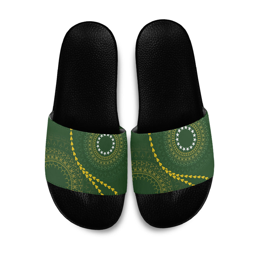 Cook Islands Rugby Slide Sandals Kuki Tapa Motifs - Medallion Of Stars LT7 Dark Green - Polynesian Pride