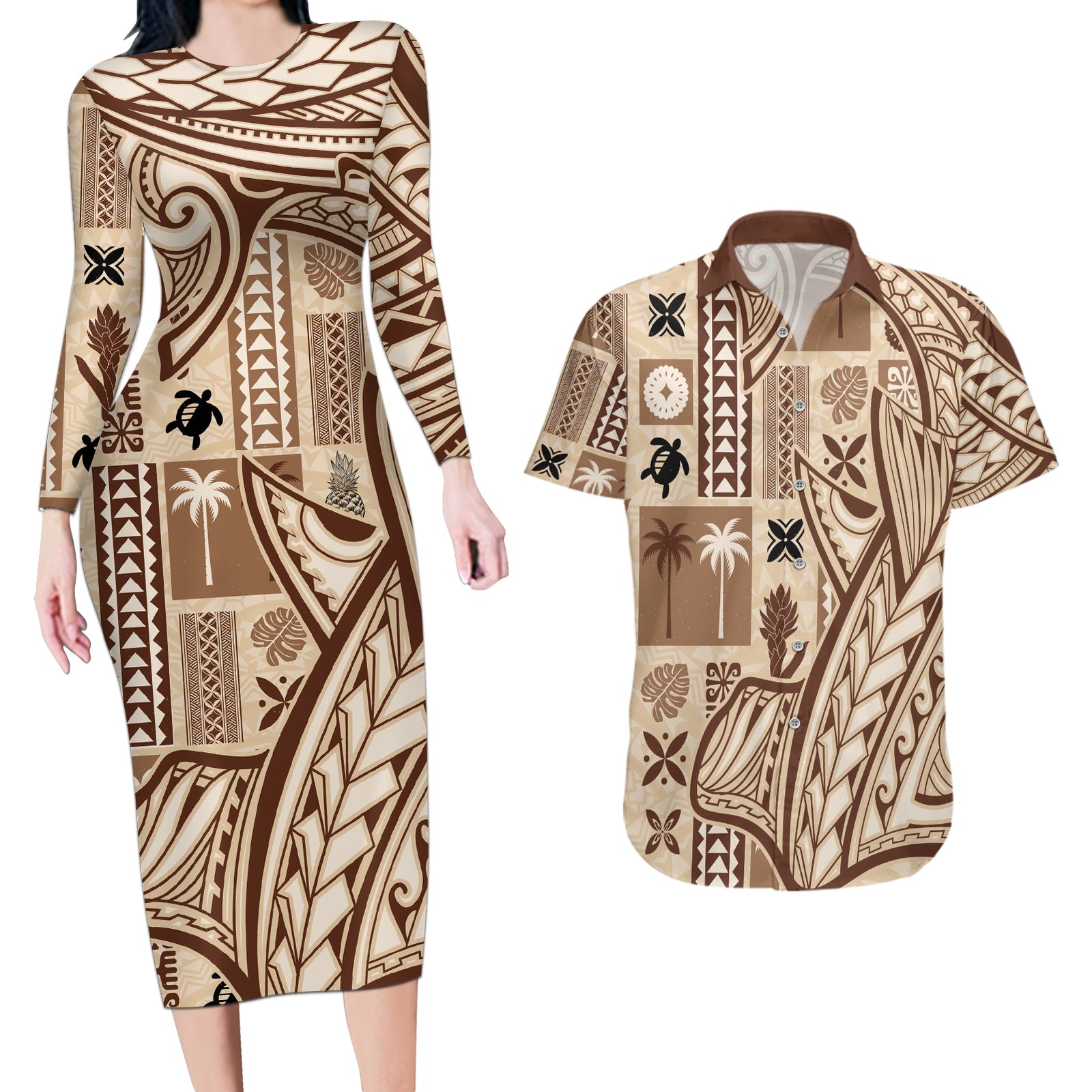 Samoa Tapa Couples Matching Long Sleeve Bodycon Dress and Hawaiian Shirt Siapo Mix Tatau Patterns LT7 Beige - Polynesian Pride