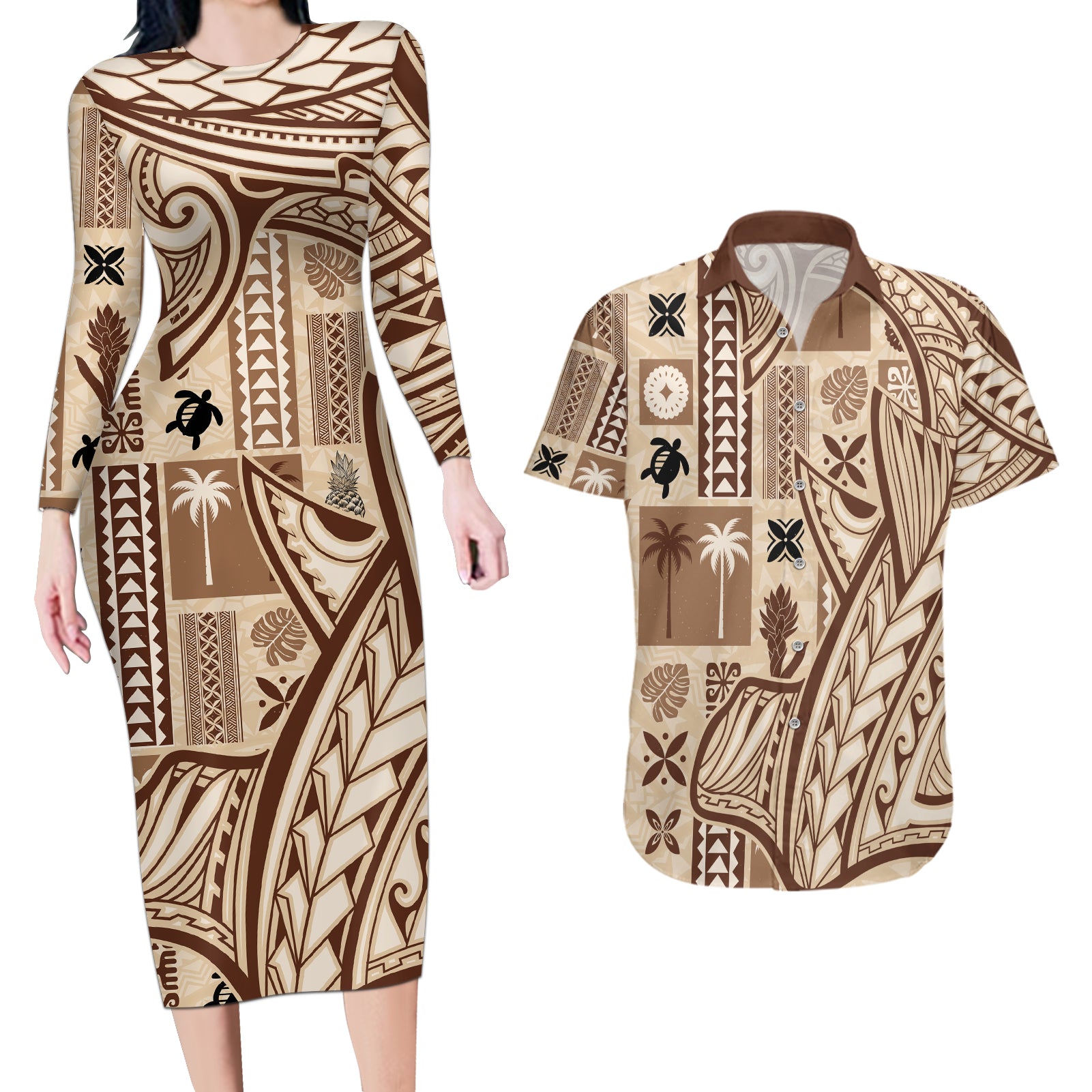 samoa-tapa-couples-matching-long-sleeve-bodycon-dress-and-hawaiian-shirt-siapo-mix-tatau-patterns