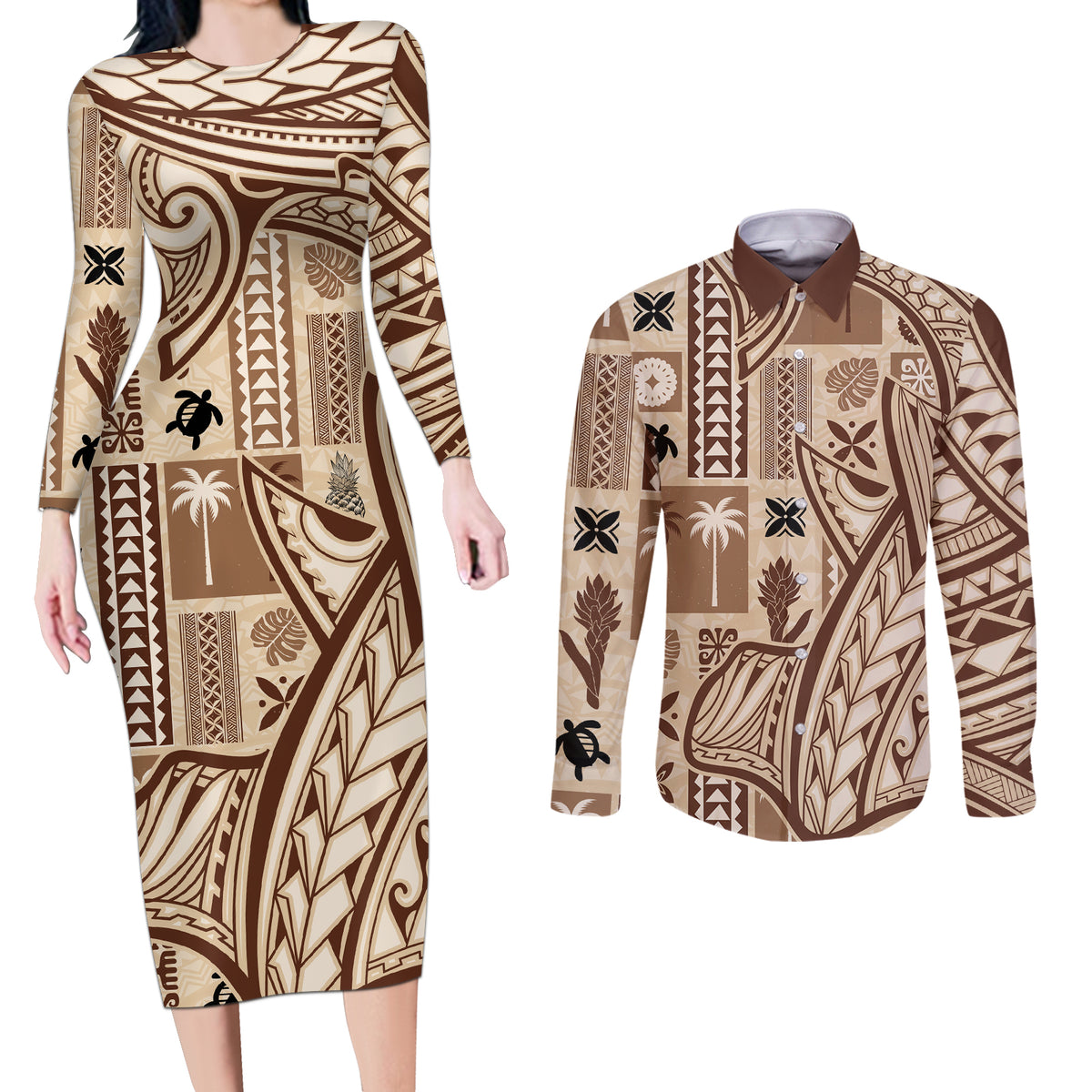 Samoa Tapa Couples Matching Long Sleeve Bodycon Dress and Long Sleeve Button Shirt Siapo Mix Tatau Patterns LT7 Beige - Polynesian Pride