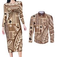 Samoa Tapa Couples Matching Long Sleeve Bodycon Dress and Long Sleeve Button Shirt Siapo Mix Tatau Patterns LT7 Beige - Polynesian Pride