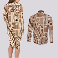 Samoa Tapa Couples Matching Long Sleeve Bodycon Dress and Long Sleeve Button Shirt Siapo Mix Tatau Patterns LT7 - Polynesian Pride