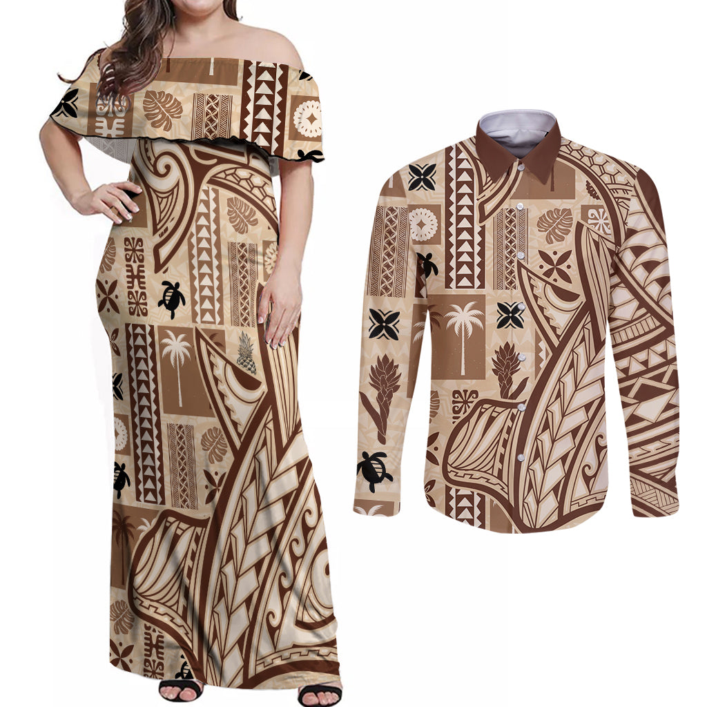Samoa Tapa Couples Matching Off Shoulder Maxi Dress and Long Sleeve Button Shirt Siapo Mix Tatau Patterns LT7 Beige - Polynesian Pride