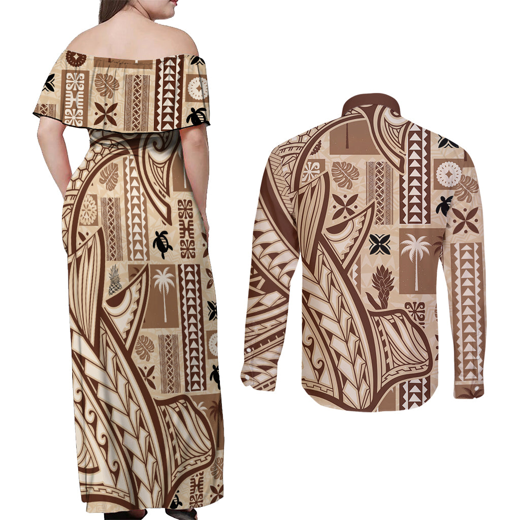 Samoa Tapa Couples Matching Off Shoulder Maxi Dress and Long Sleeve Button Shirt Siapo Mix Tatau Patterns LT7 - Polynesian Pride