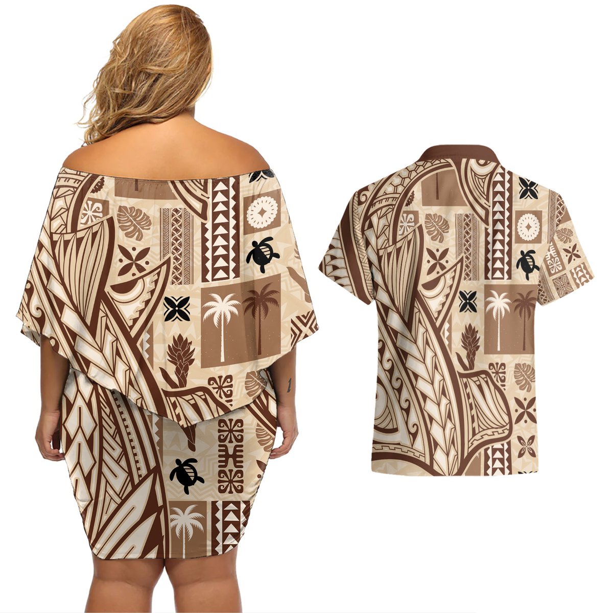 Samoa Tapa Couples Matching Off Shoulder Short Dress and Hawaiian Shirt Siapo Mix Tatau Patterns LT7 - Polynesian Pride