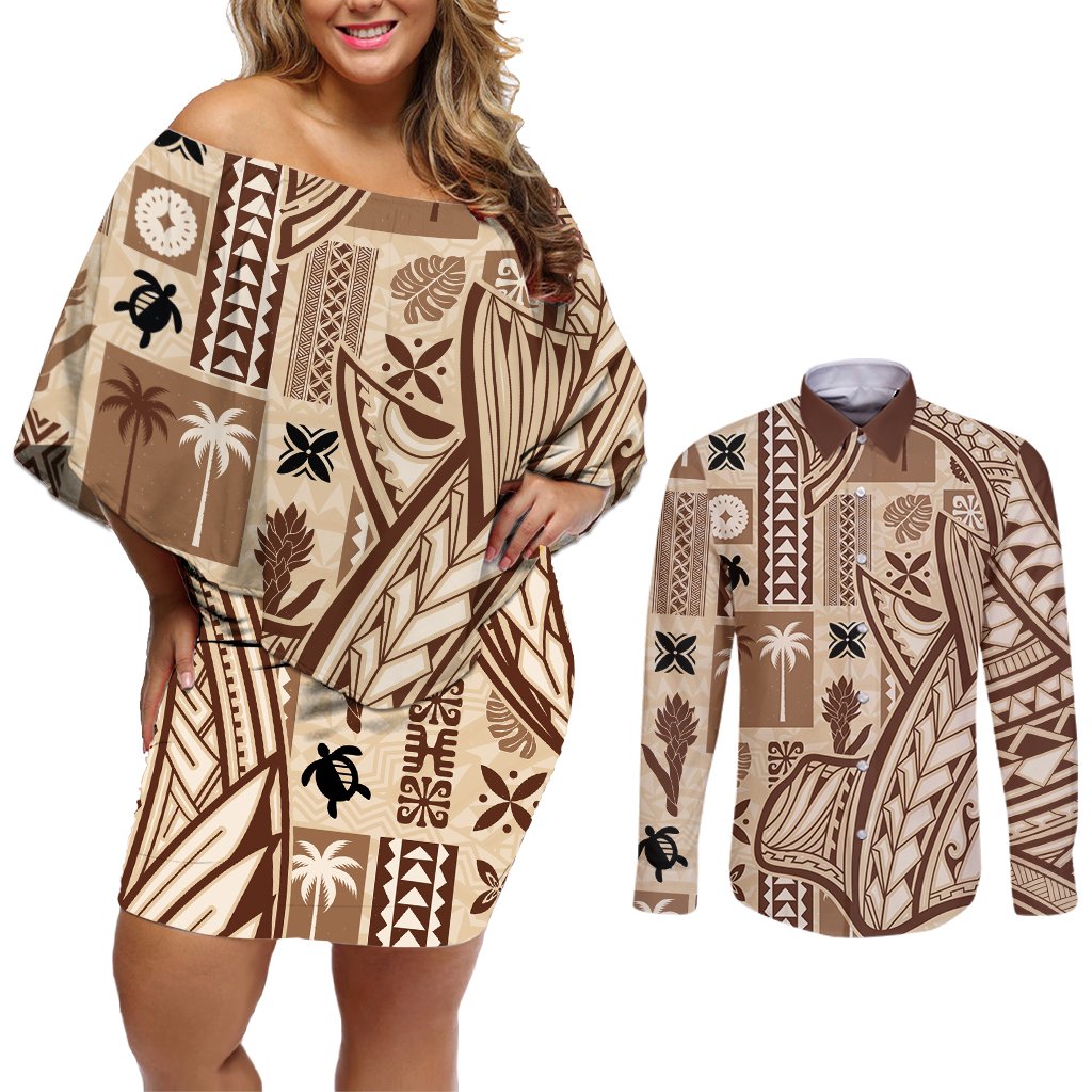 Samoa Tapa Couples Matching Off Shoulder Short Dress and Long Sleeve Button Shirt Siapo Mix Tatau Patterns LT7 Beige - Polynesian Pride