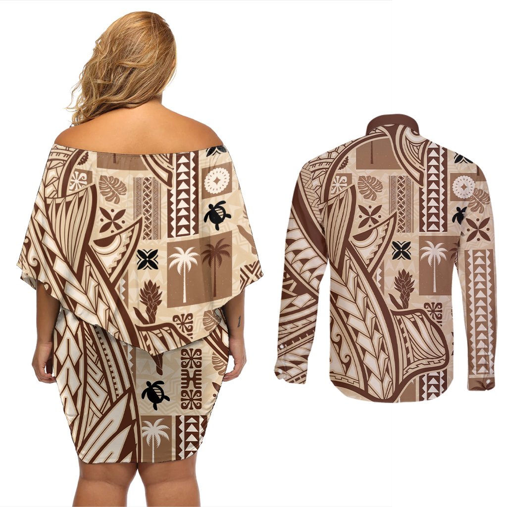 Samoa Tapa Couples Matching Off Shoulder Short Dress and Long Sleeve Button Shirt Siapo Mix Tatau Patterns LT7 - Polynesian Pride