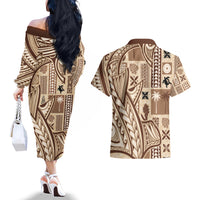 Samoa Tapa Couples Matching Off The Shoulder Long Sleeve Dress and Hawaiian Shirt Siapo Mix Tatau Patterns LT7 - Polynesian Pride