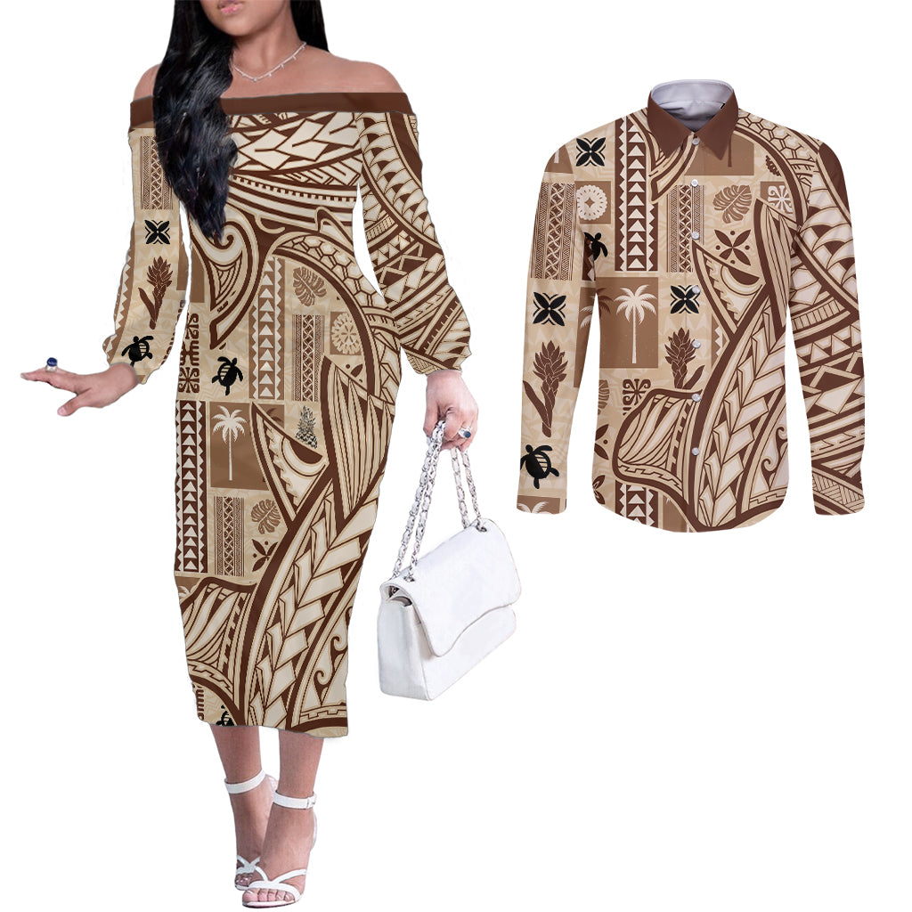 Samoa Tapa Couples Matching Off The Shoulder Long Sleeve Dress and Long Sleeve Button Shirt Siapo Mix Tatau Patterns LT7 Beige - Polynesian Pride