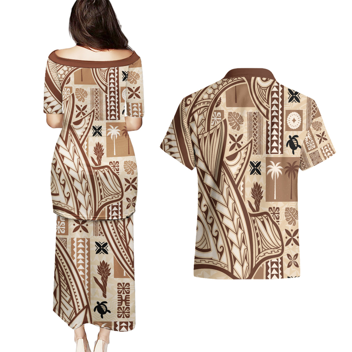 Samoa Tapa Couples Matching Puletasi Dress and Hawaiian Shirt Siapo Mix Tatau Patterns LT7 - Polynesian Pride