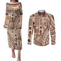Samoa Tapa Couples Matching Puletasi Dress and Long Sleeve Button Shirt Siapo Mix Tatau Patterns LT7 Beige - Polynesian Pride