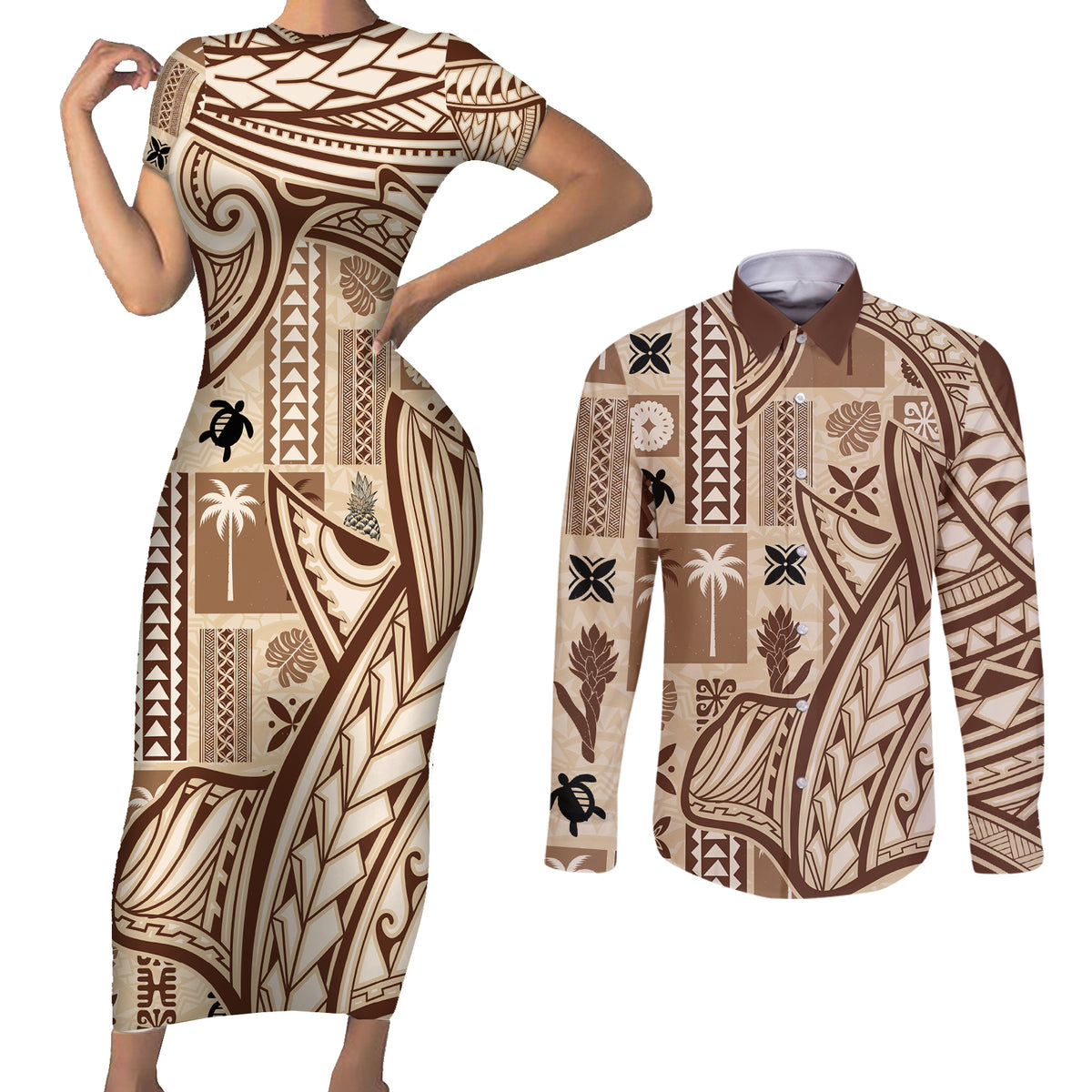 Samoa Tapa Couples Matching Short Sleeve Bodycon Dress and Long Sleeve Button Shirt Siapo Mix Tatau Patterns LT7 Beige - Polynesian Pride