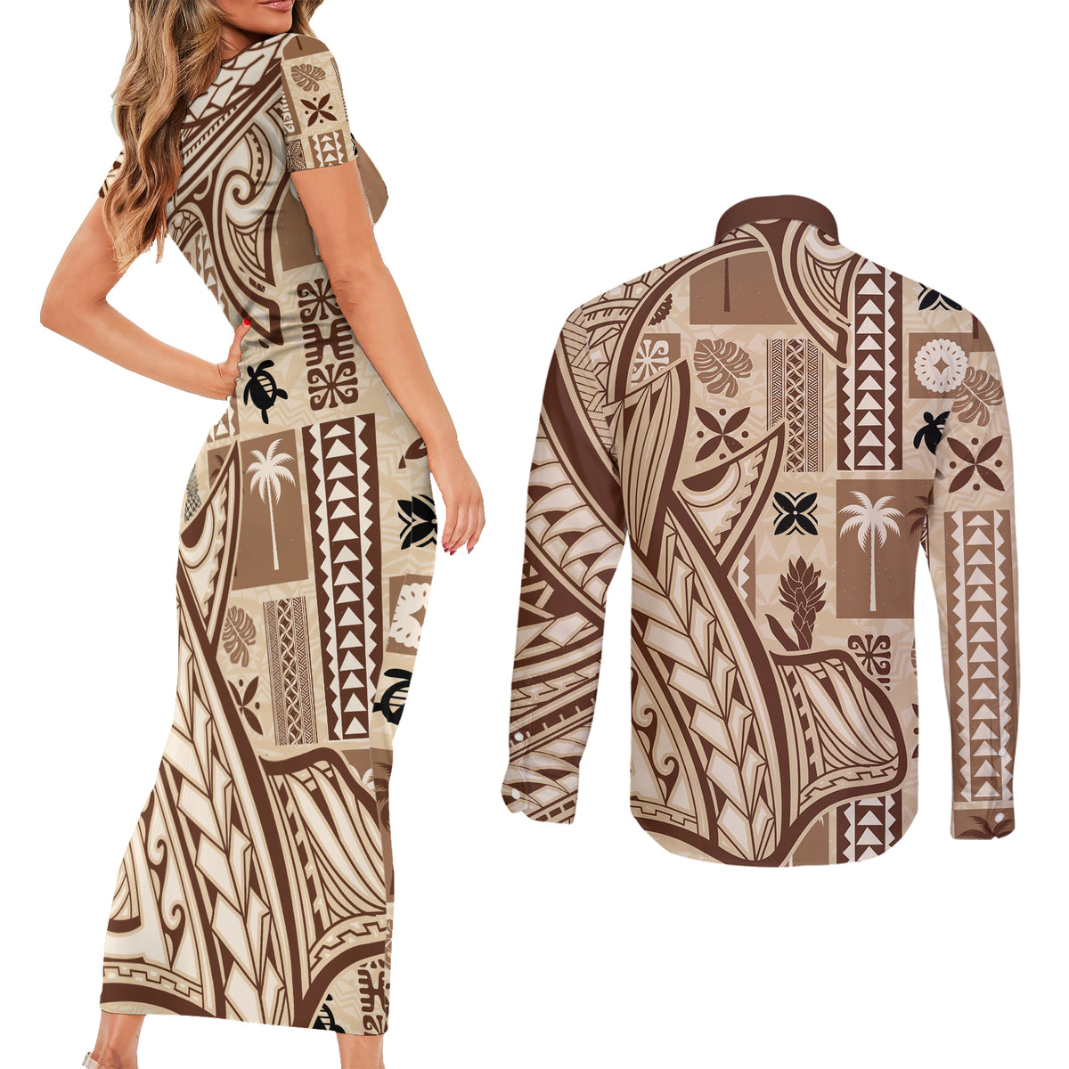 Samoa Tapa Couples Matching Short Sleeve Bodycon Dress and Long Sleeve Button Shirt Siapo Mix Tatau Patterns LT7 - Polynesian Pride