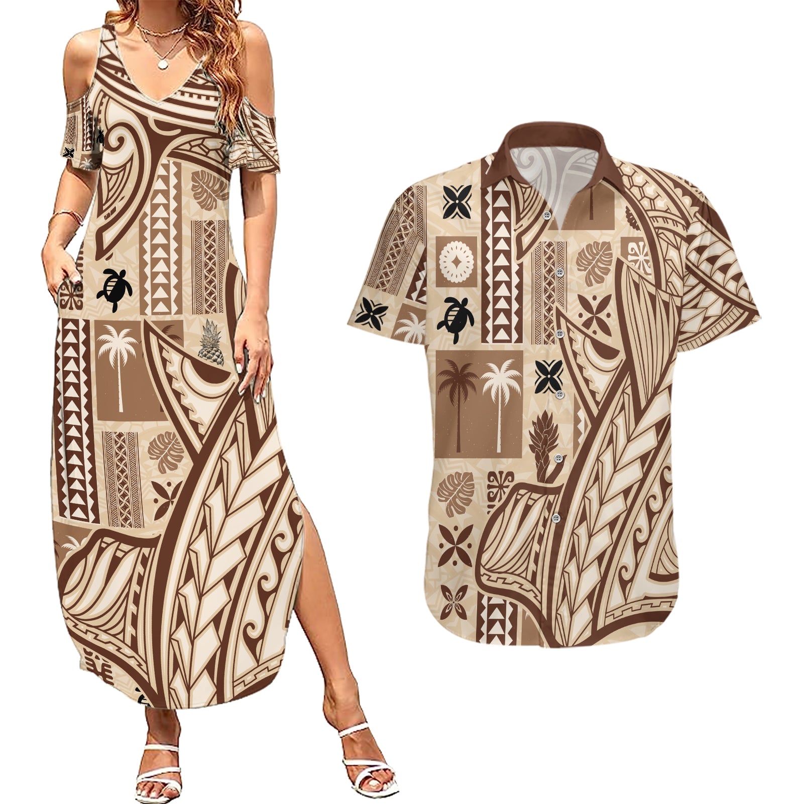 Samoa Tapa Couples Matching Summer Maxi Dress and Hawaiian Shirt Siapo Mix Tatau Patterns LT7 Beige - Polynesian Pride