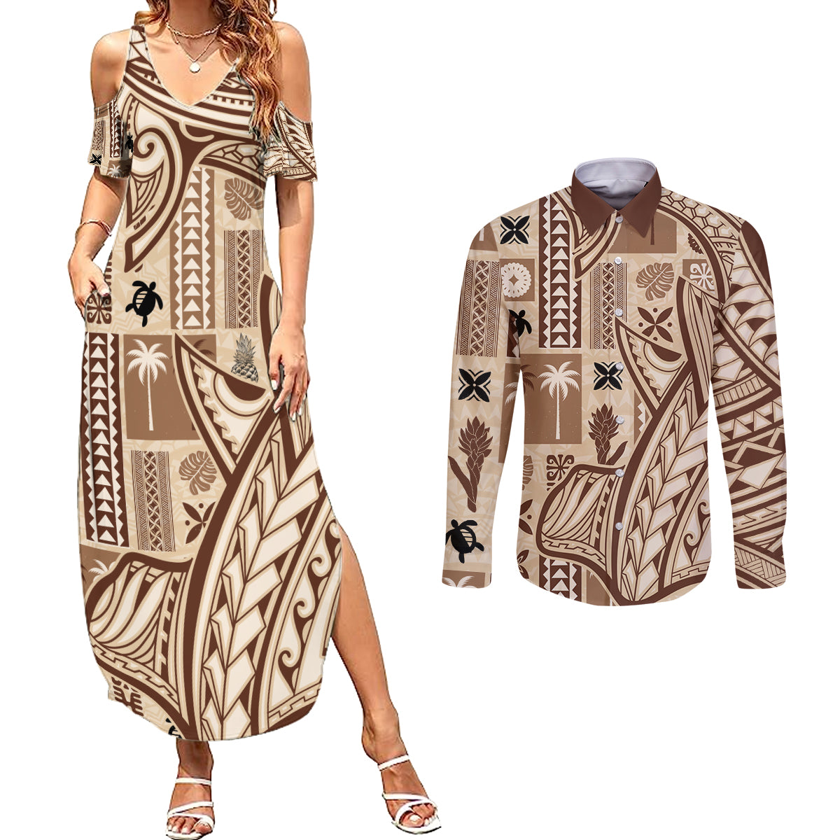 samoa-tapa-couples-matching-summer-maxi-dress-and-long-sleeve-button-shirt-siapo-mix-tatau-patterns