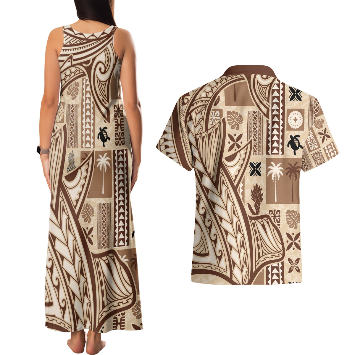 Samoa Tapa Couples Matching Tank Maxi Dress and Hawaiian Shirt Siapo Mix Tatau Patterns LT7 - Polynesian Pride